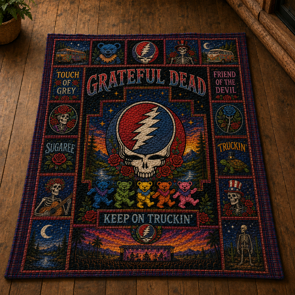 Grateful Dead Quilt Blanket - Steal Your Face Patchwork Bedding - Dancing Bears Music Fan Gift - Hippie Rock Cabin Quilt
