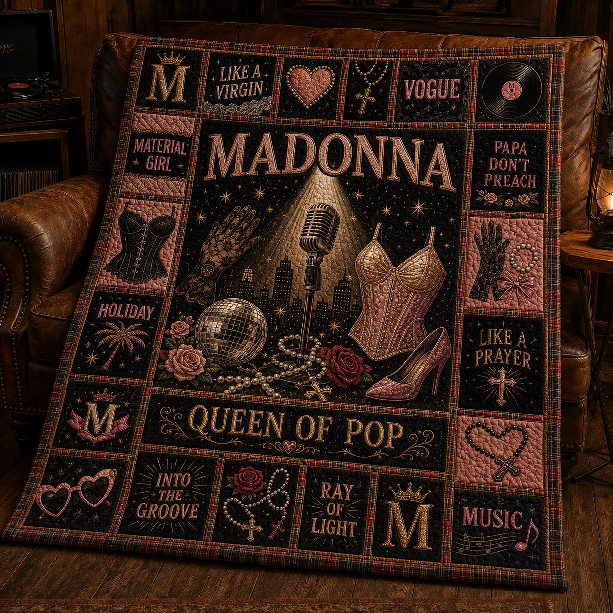 Madonna Quilt Blanket – Queen of Pop Sherpa Throw, Vintage Patchwork Music Blanket, Cozy Bed Quilt, Madonna Fan Gift