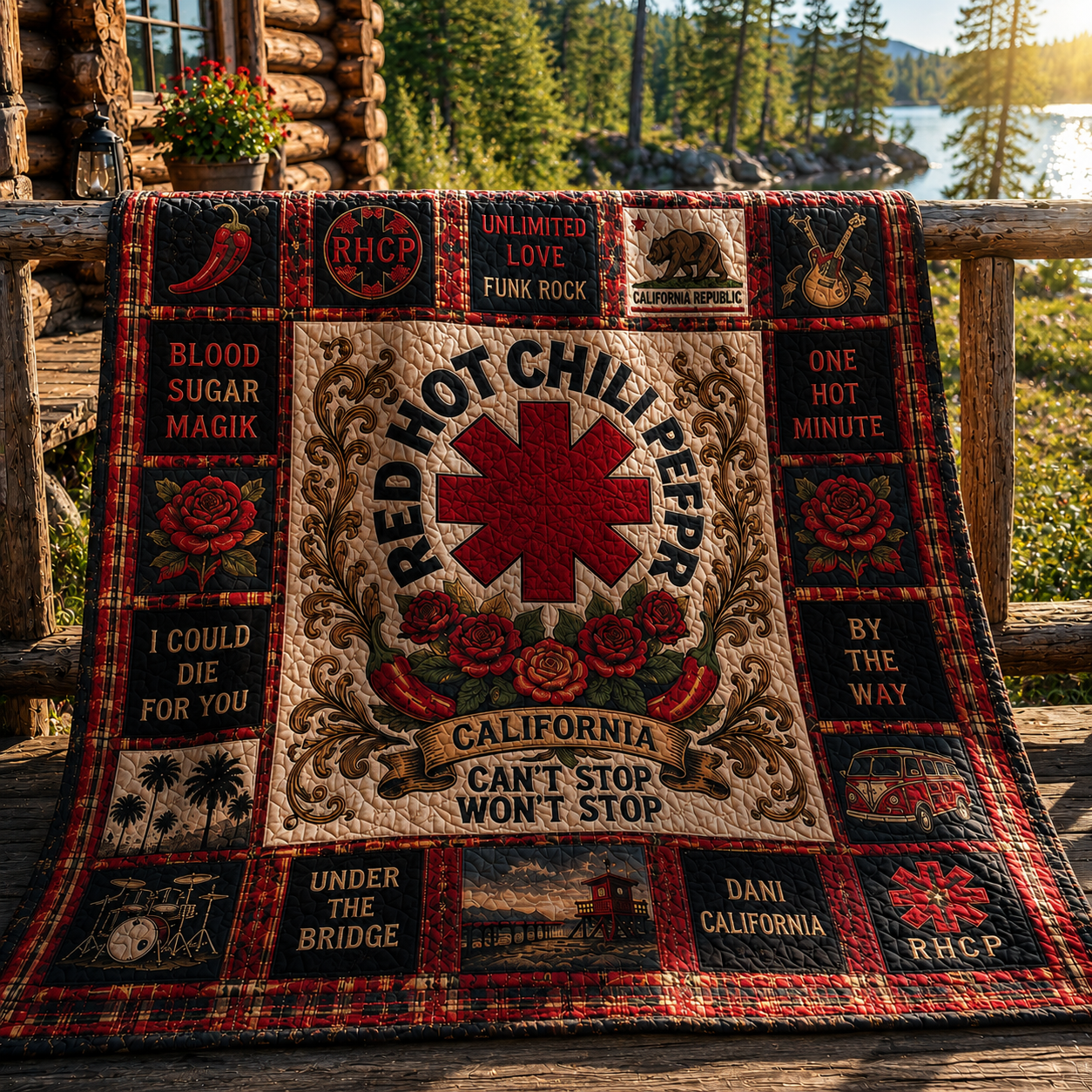 Red Hot Chili Peppers Quilt Blanket – RHCP Sherpa Throw, Vintage Patchwork Rock Blanket, California Music Fan Gift