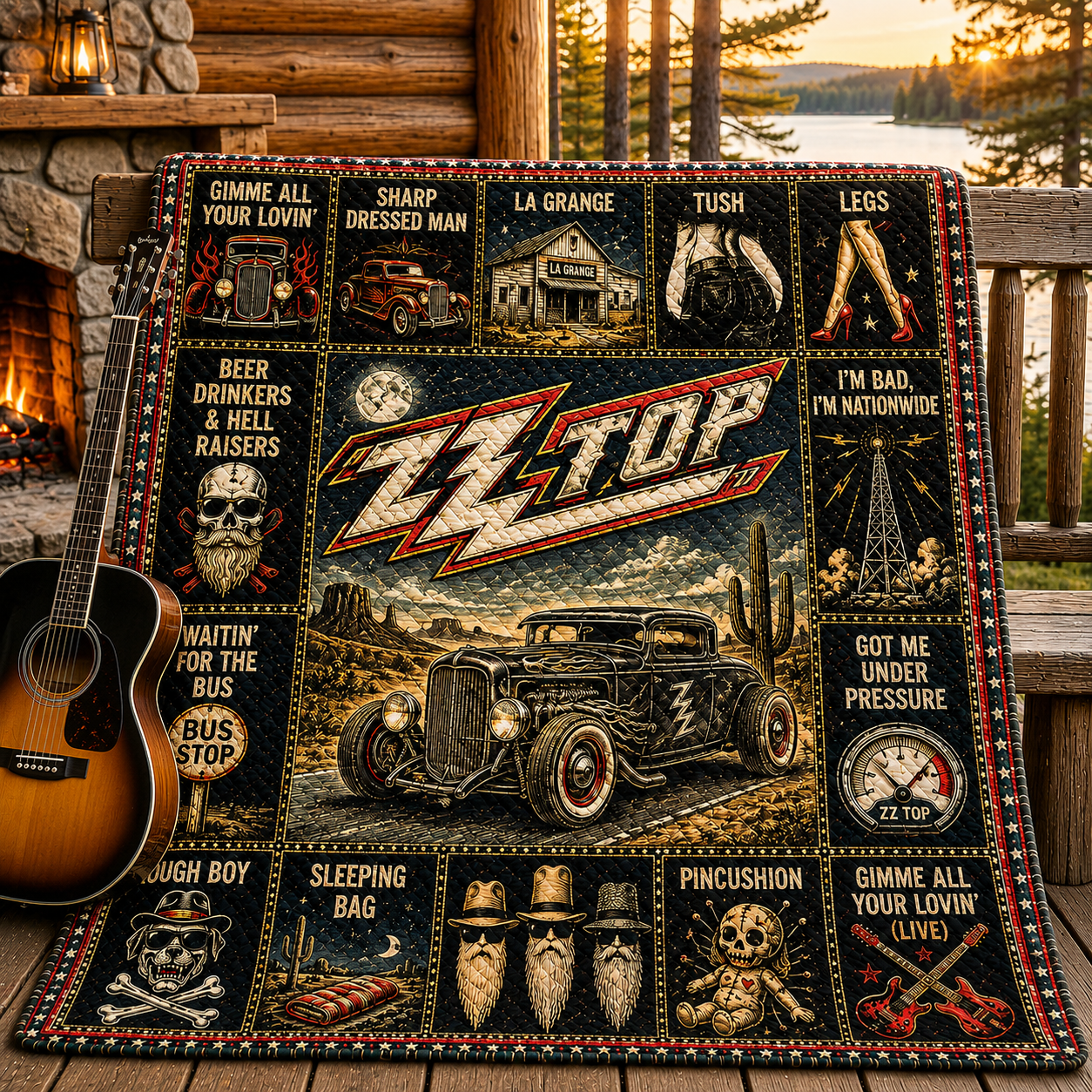 ZZ Top Blues Rock Quilt Blanket – Eliminator Hot Rod Journey In Every Stitch