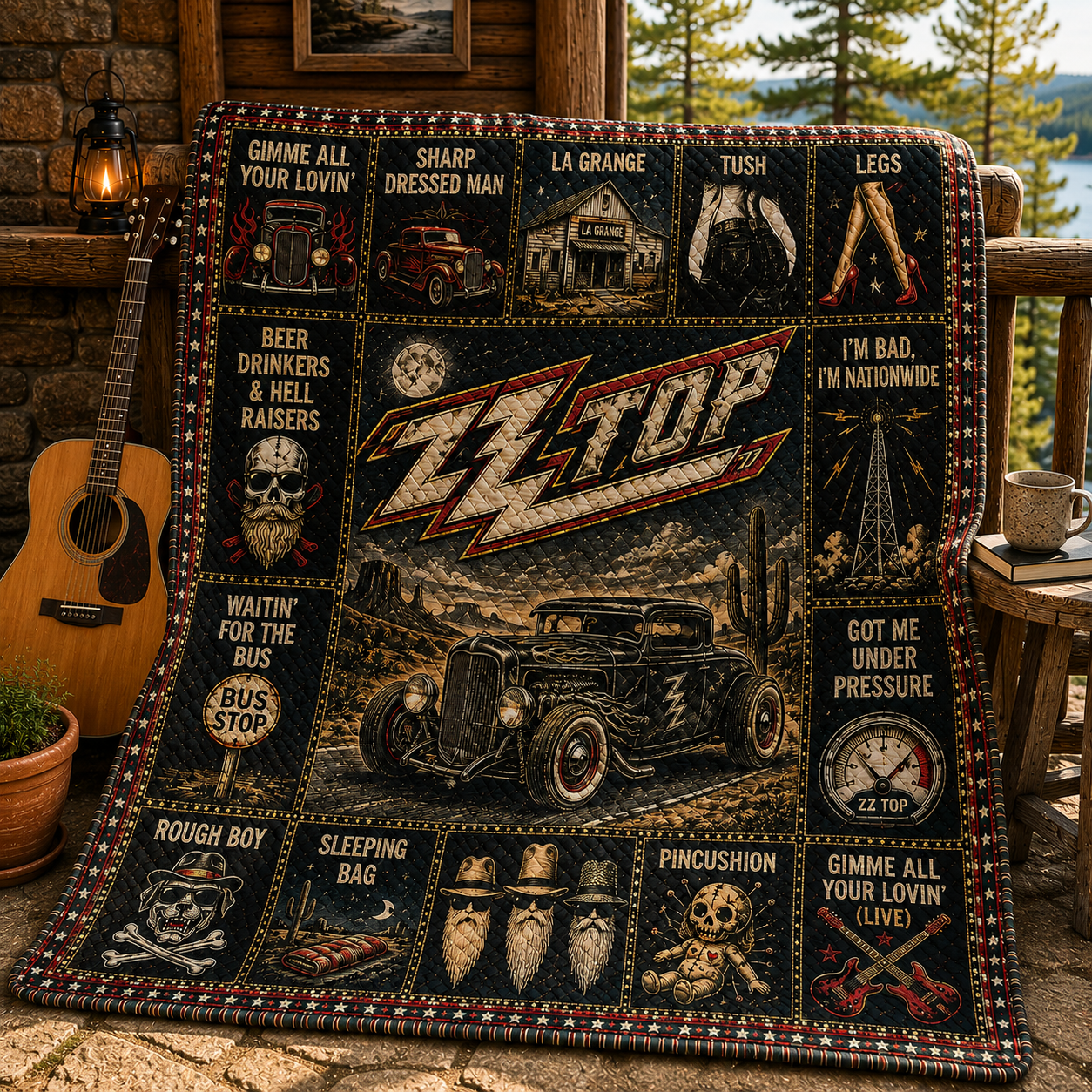 ZZ Top Blues Rock Quilt Blanket – Eliminator Hot Rod Journey In Every Stitch