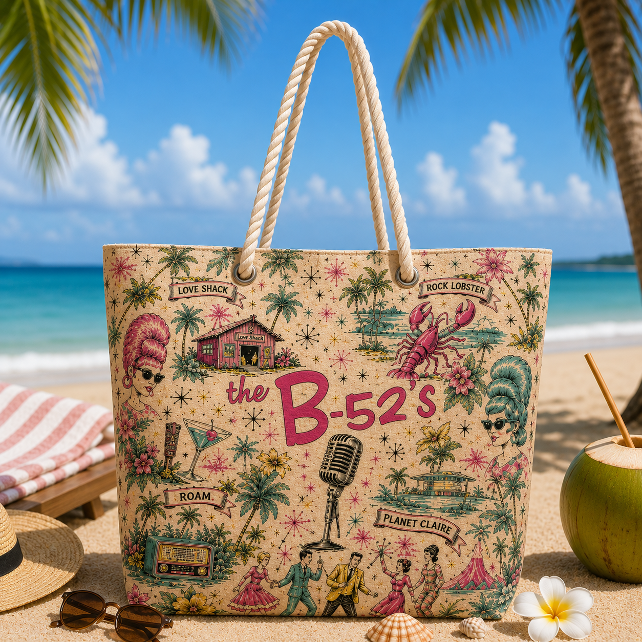 The B-52's Beach Tote Bag – Retro Tropical Canvas Shoulder Bag With Rope Handle