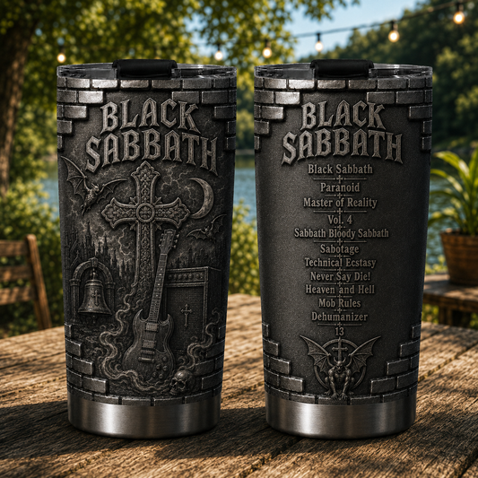 Black Sabbath 3D Printed Stainless Steel Tumbler - Heavy Metal Album List Travel Mug