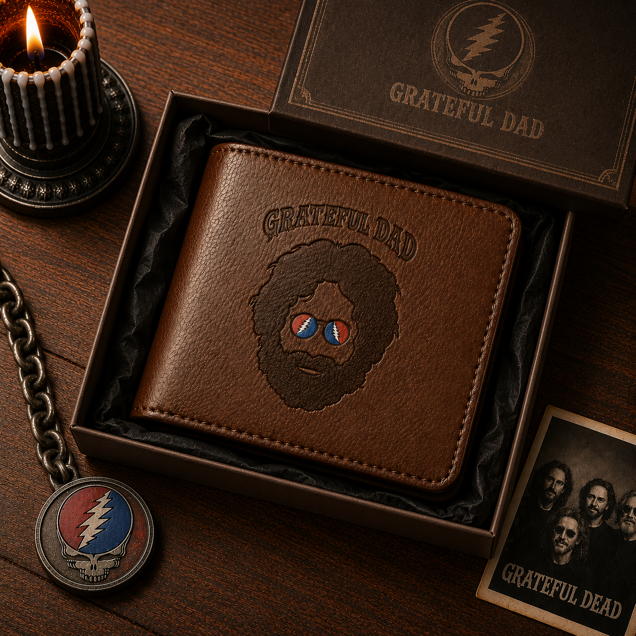 Jerry Garcia Grateful Dad Portrait Wallet –  Jerry Garcia Inspired Leather Wallet (With Box)
