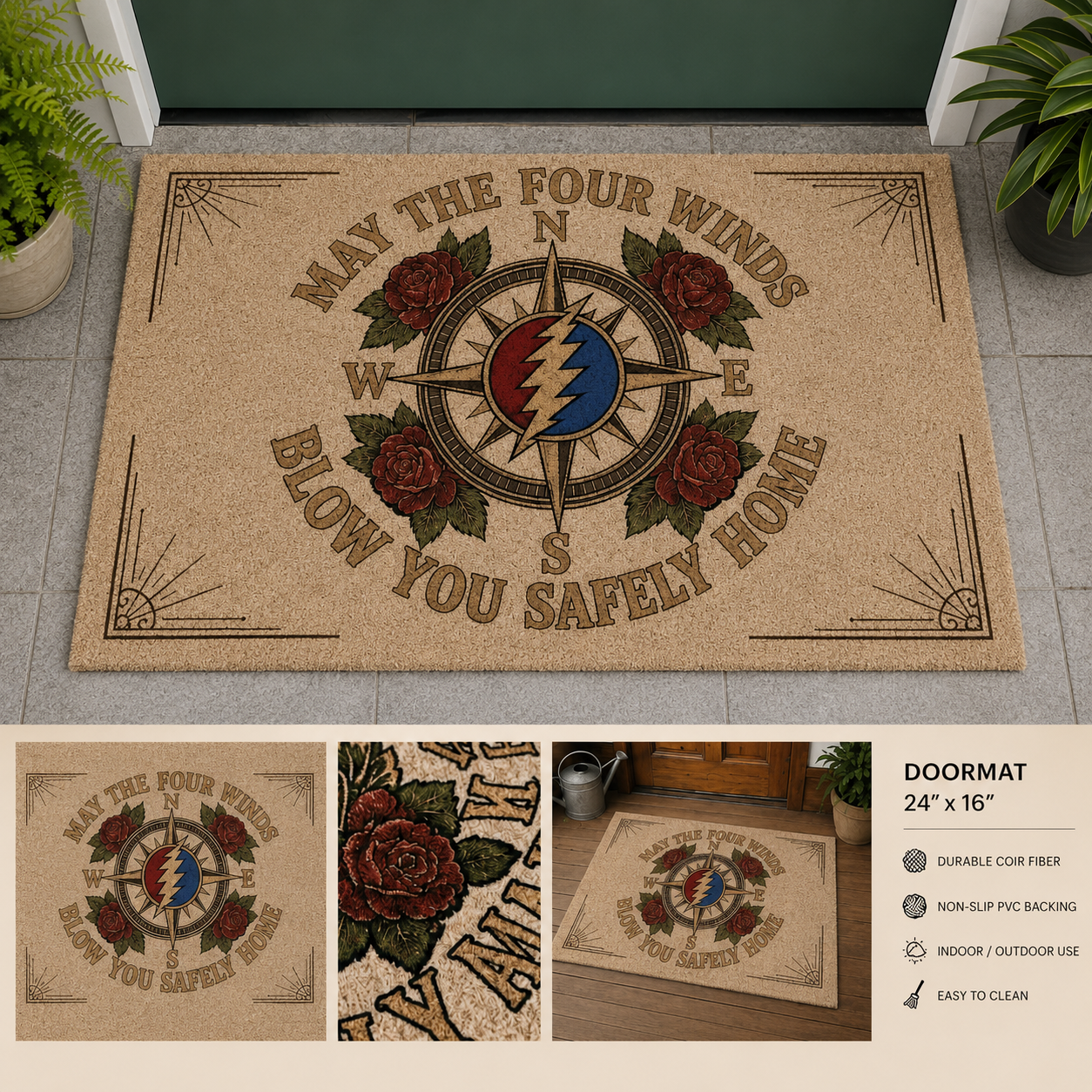 Grateful Dead Inspired Doormat – “May the Four Winds Blow You Safely Home” Welcome Mat, Hippie Compass Rose Door Mat, Gift for Deadheads