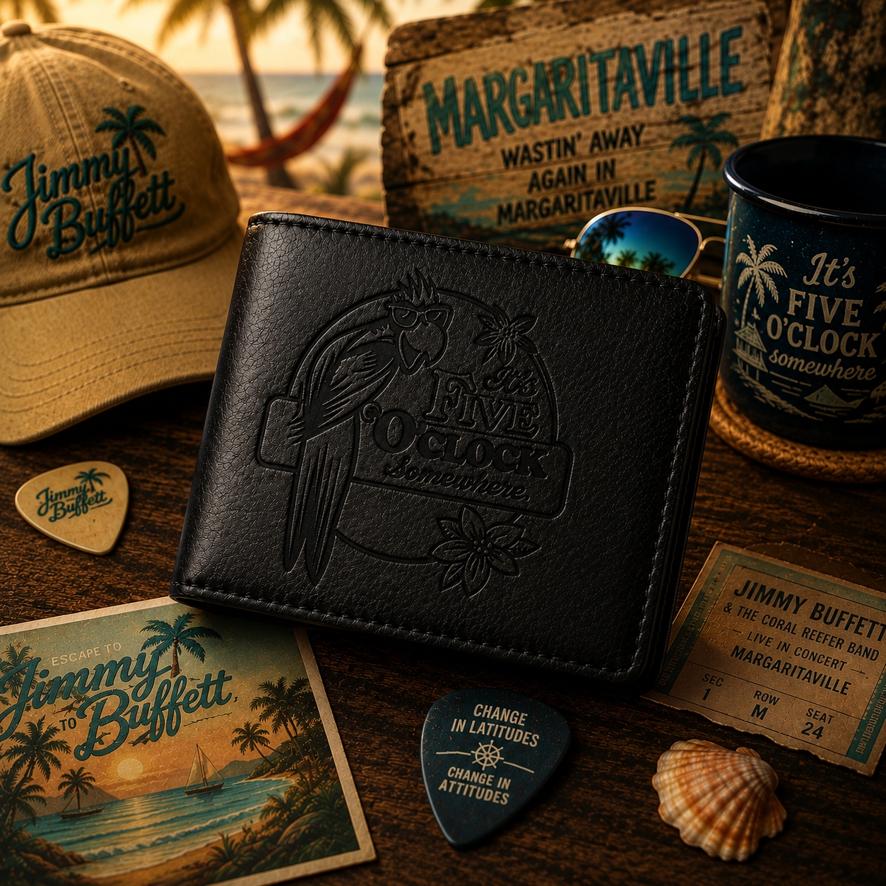 It's 5 O' Clock Some Where Wallet – Jimmy Buffet Inspired Leather Wallet (With Box)