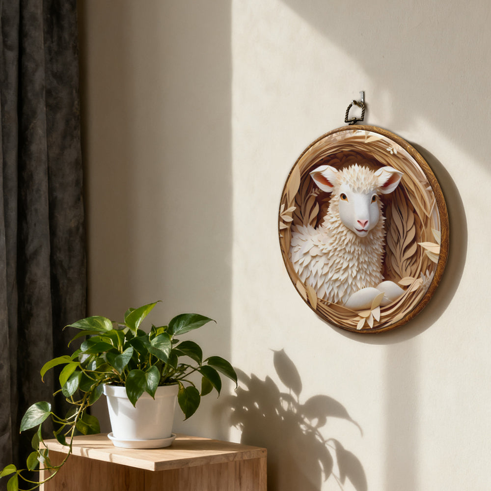 Lamb of Peace Framed Round Wall Art – Paper Sculpture Style Christian Home Décor
