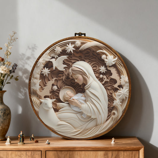 Madonna and Child Framed Round Wall Art – Paper Sculpture Style Nativity Home Décor