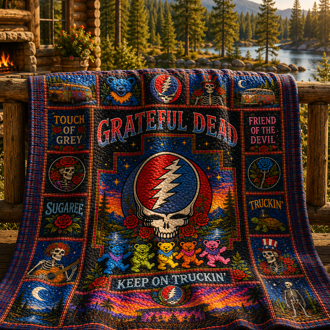 Grateful Dead Quilt Blanket - Steal Your Face Patchwork Bedding - Dancing Bears Music Fan Gift - Hippie Rock Cabin Quilt