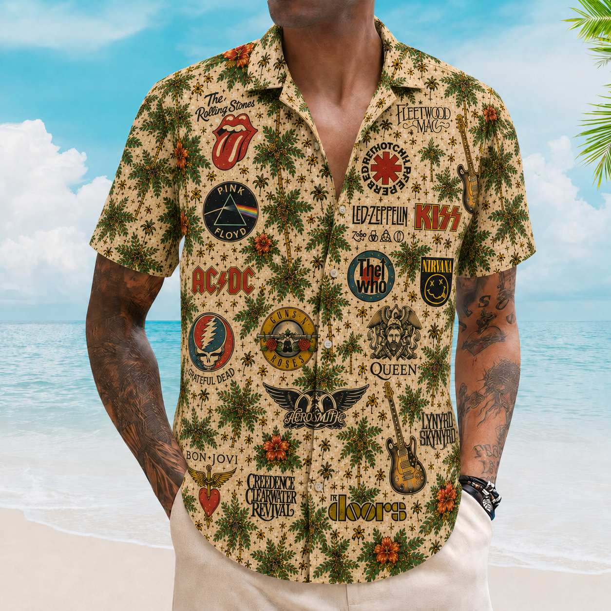 Vintage Rock Band Hawaiian Shirt, Classic Rock Aloha Shirt, Retro Music Festival Button Up - Grateful Dead Pink Floyd Rolling Stones Summer Beach Shirt