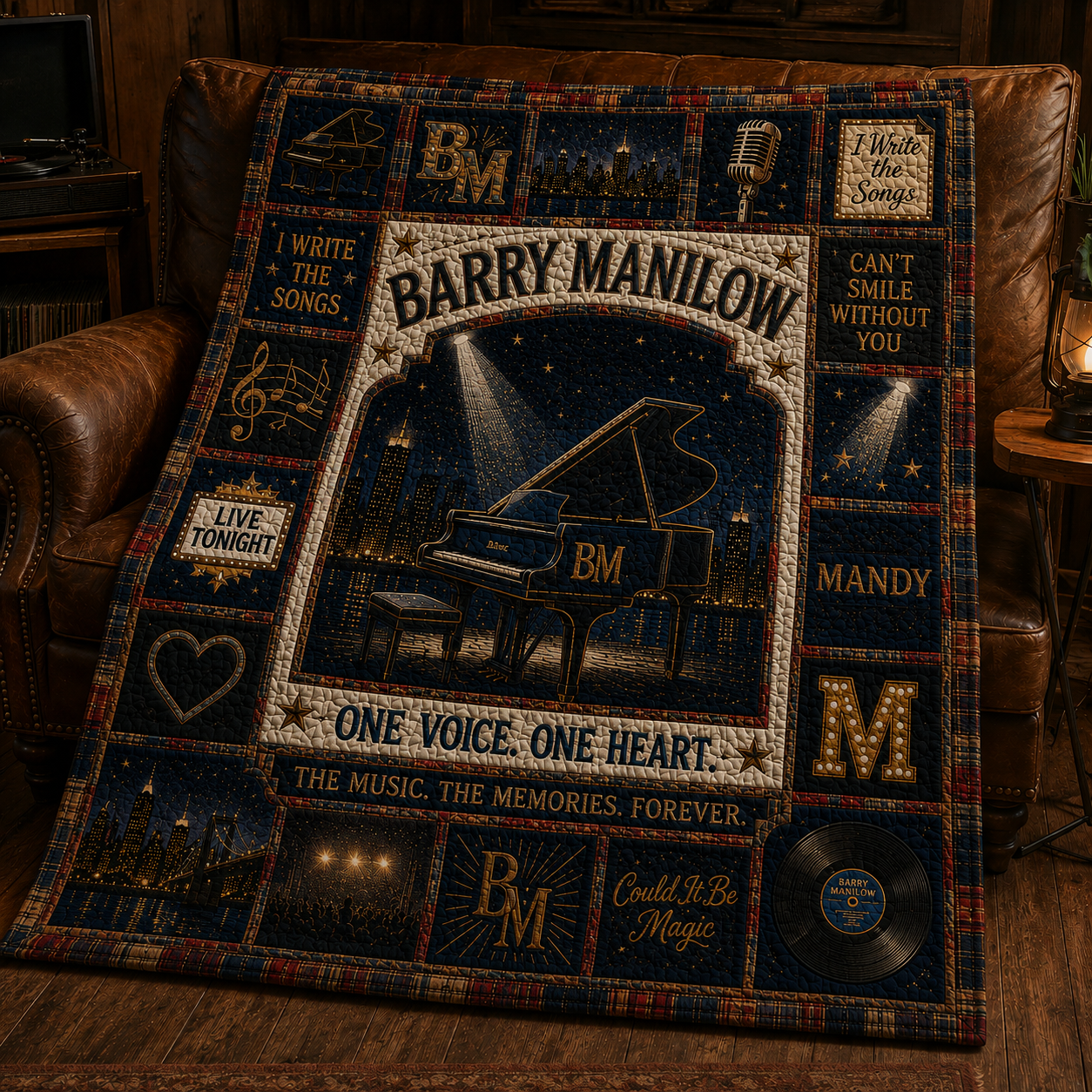 Barry Manilow Quilt Blanket - Vintage Piano Patchwork Bedding - One Voice One Heart Music Fan Gift - Cozy Cabin Style Quilt