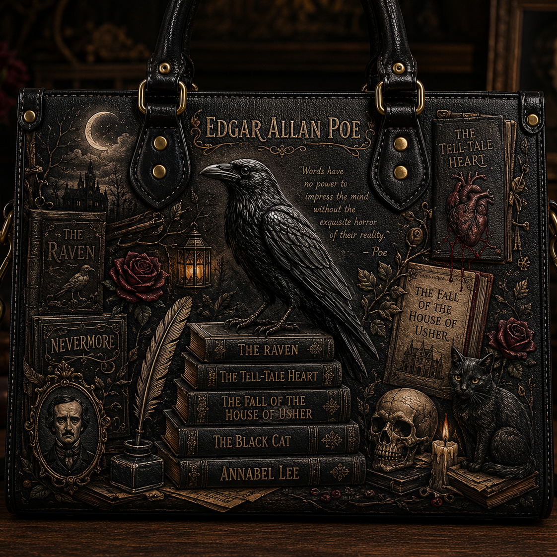 Edgar Allan Poe Gothic Raven Leather Handbag, Tote Bag and Wallet Set, Literary Horror Book Lover
