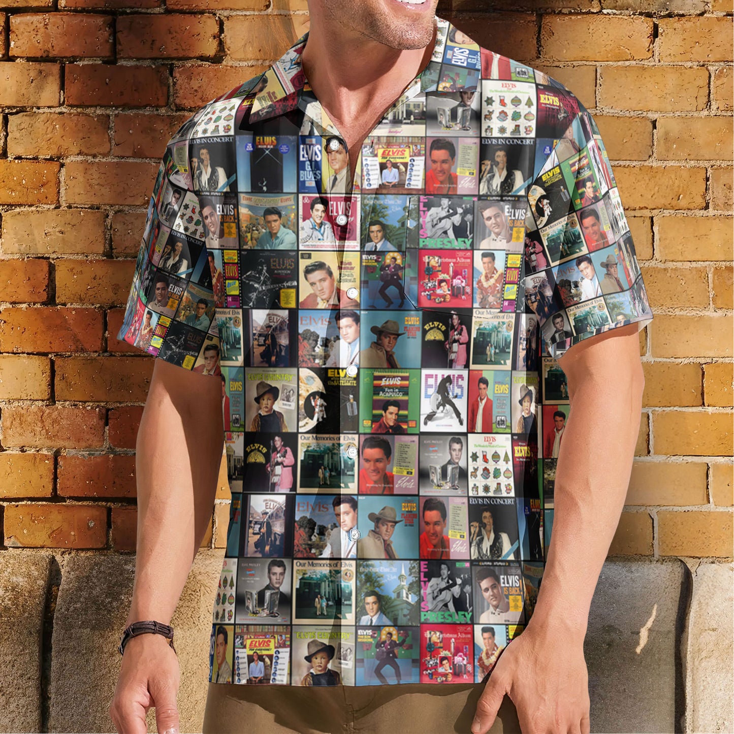 Elvis Presley Retro Music Album Art Mosaic Grid Colorful Hawaiian Shirt – Retro Music Album Art Inspired Unisex Shirt
