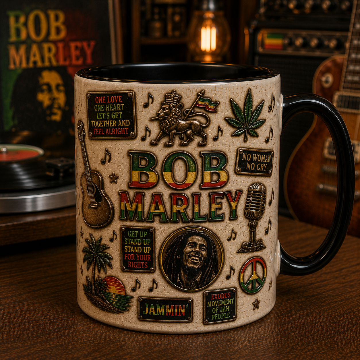 Bob Marley Mug – Reggae Coffee Mug with Three Little Birds, Redemption Song & Rastafari Inspired Design