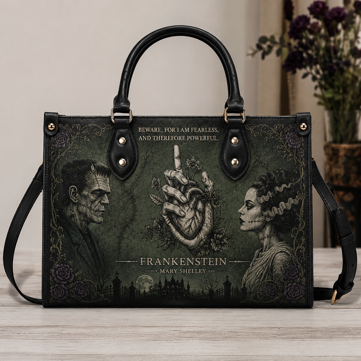 Frankenstein Gothic Leather Handbag, Tote Bag and Wallet Set, The Modern Prometheus Literary Horror Book Lover Handbag (Copy)