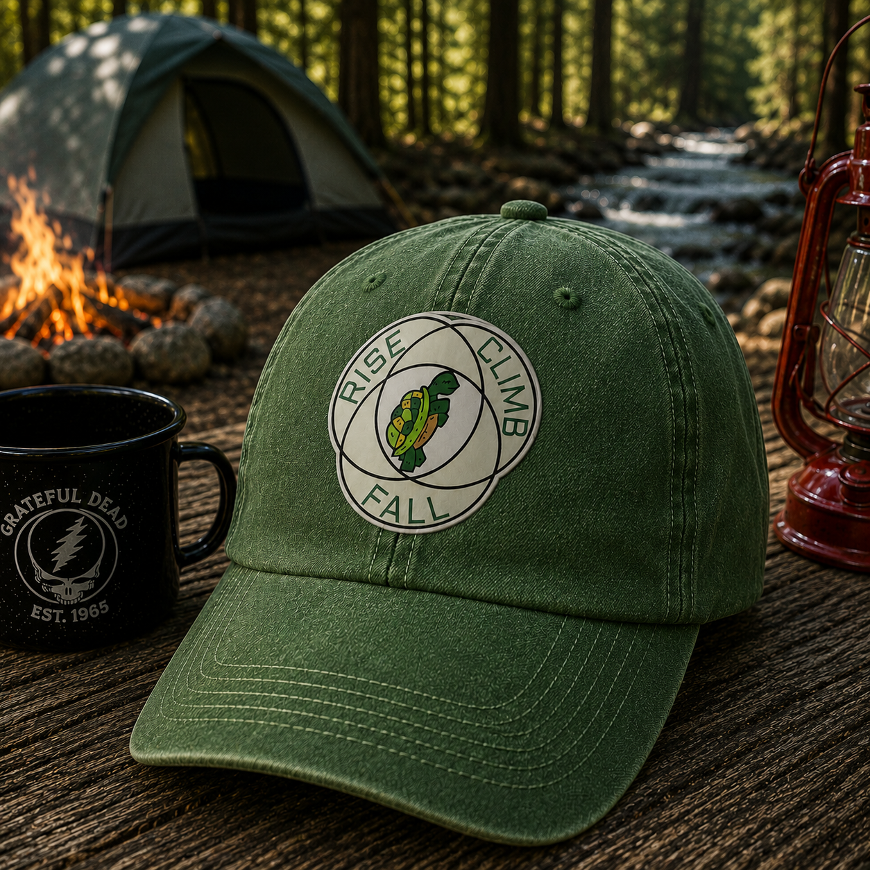Grateful Dead Rise Climb Fall Vintage Denim Cap – Turtle Camping Deadhead Dad Hat Gift
