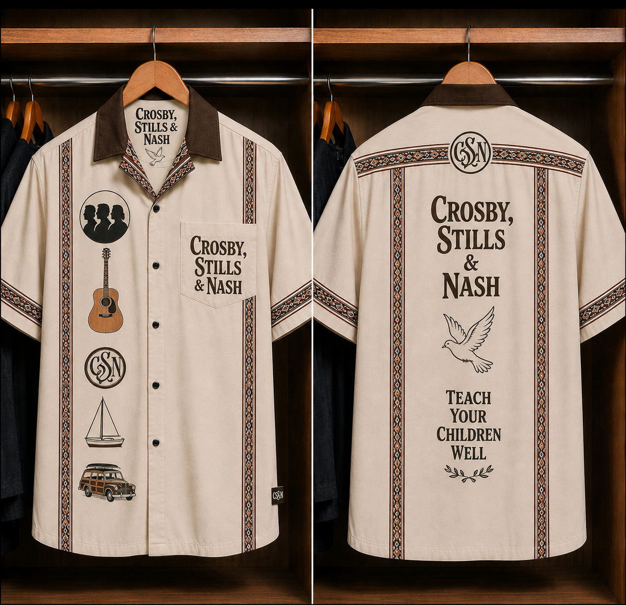 Crosby, Stills & Nash Teach Your Children Bohemian Hawaiian Shirt - Mexican Inspired Hawaiian Shirt White Version
