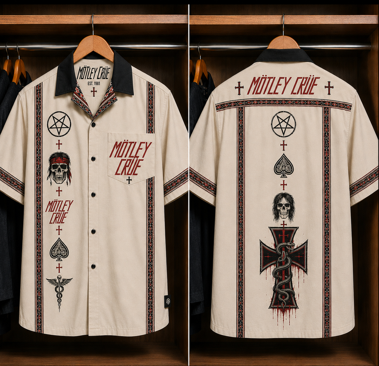 Mötley Crüe Skull Cross Bohemian Hawaiian Shirt - Mexican Inspired Hawaiian Shirt White Version