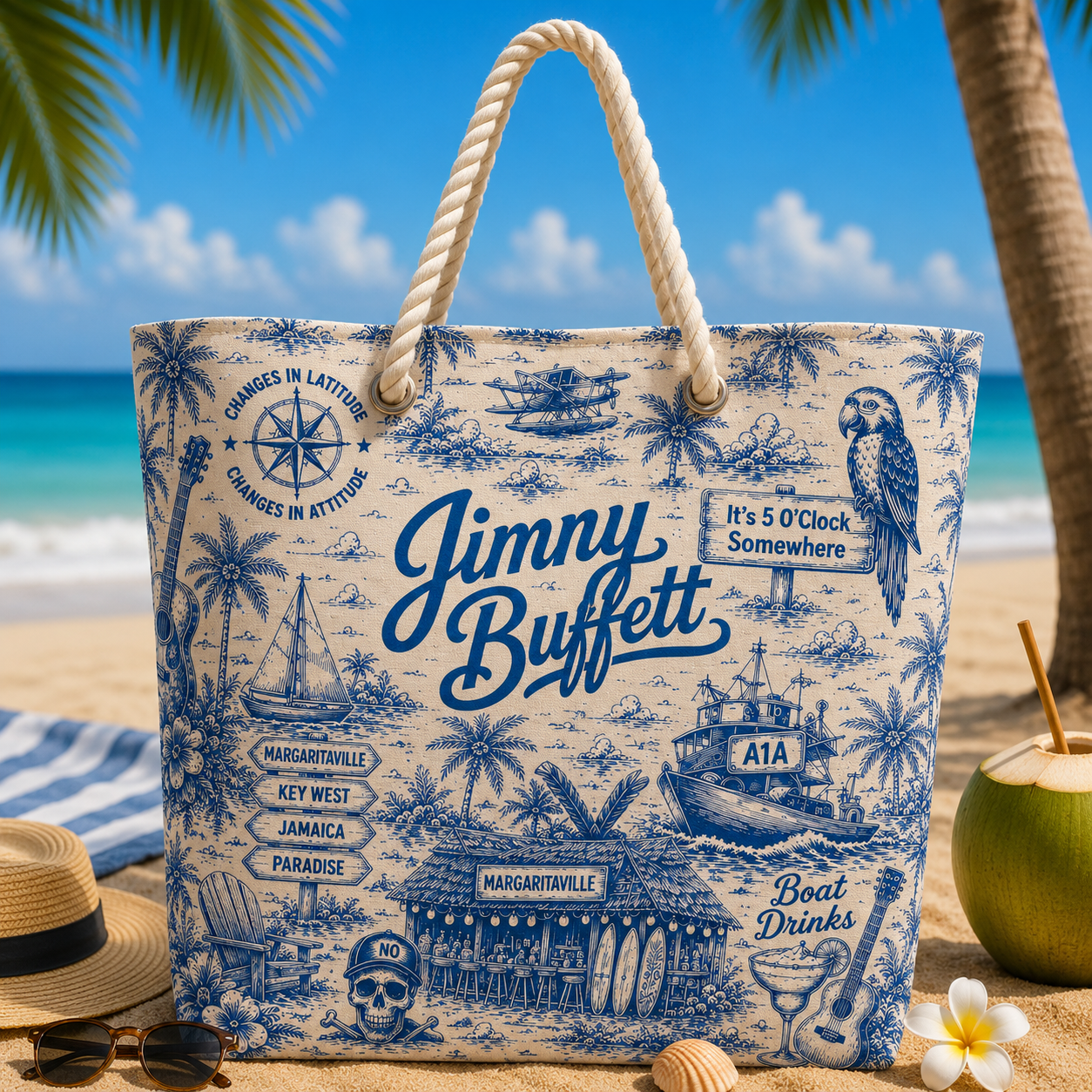 Jimmy Buffett Margaritaville Beach Bag – Tropical Parrot Head Tote with Rope Handles