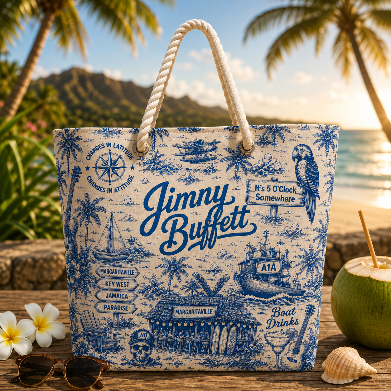 Jimmy Buffett Margaritaville Beach Bag – Tropical Parrot Head Tote with Rope Handles