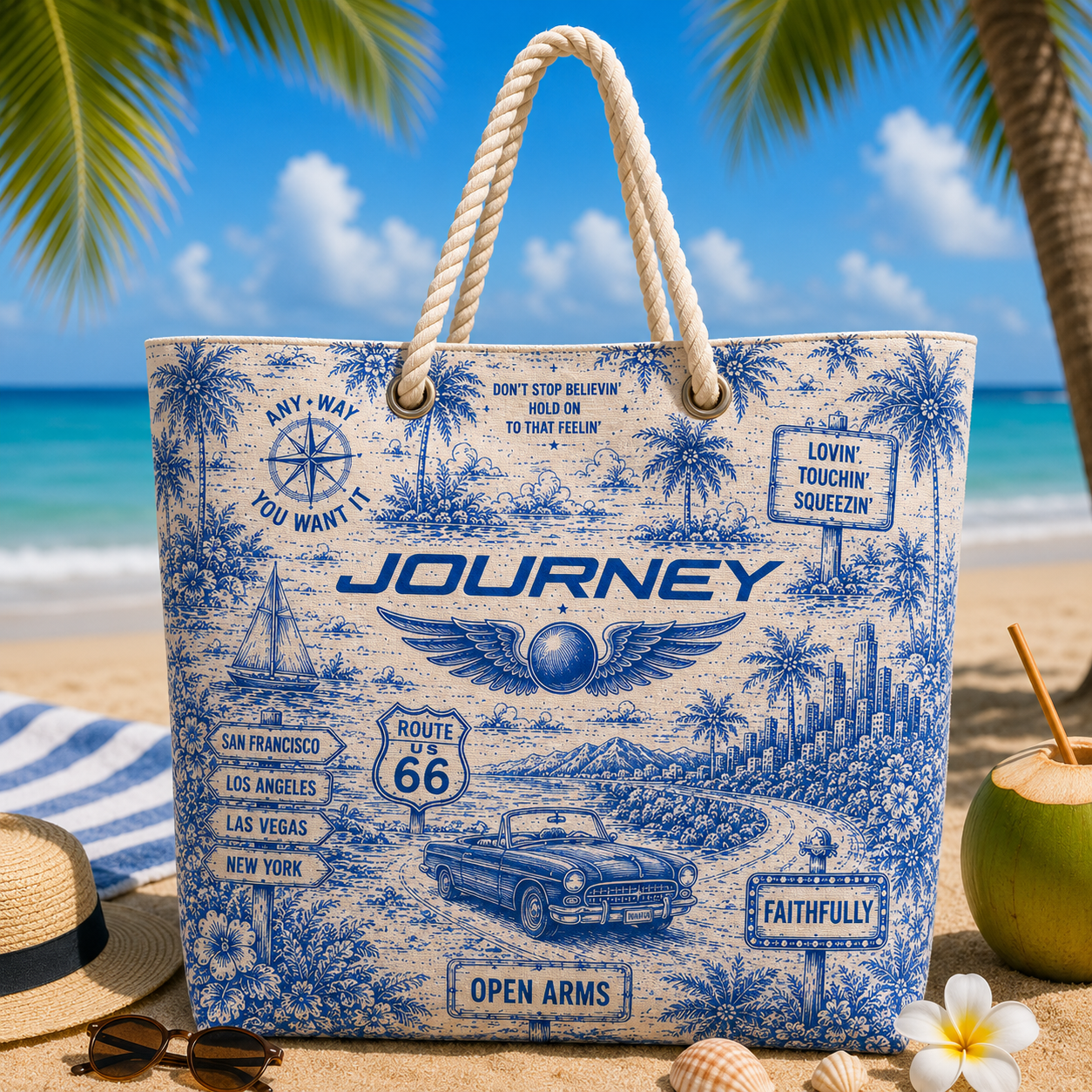 Journey Beach Tote Bag – Retro Tropical Canvas Shoulder Bag With Rope Handle