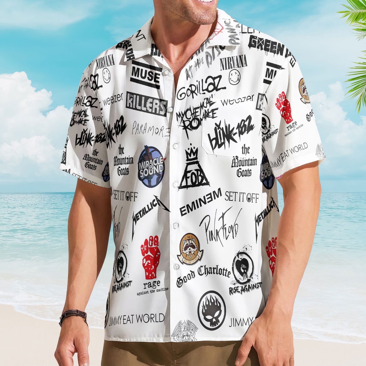 Pop Punk And Alternative Rock Band Logos Hawaiian Shirt - Unisex 2000s Emo Music Collage Button Up