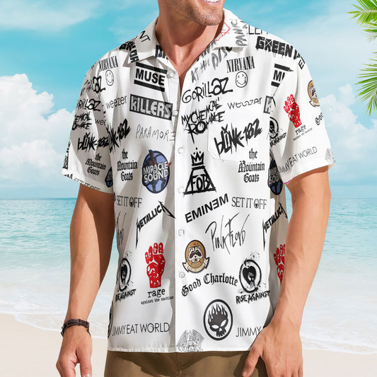 Pop Punk And Alternative Rock Band Logos Hawaiian Shirt - Unisex 2000s Emo Music Collage Button Up