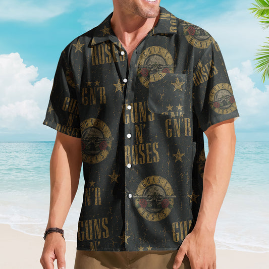 Guns N Roses Hawaiian Shirt - Unisex Hard Rock Bullet Logo Black Button Up