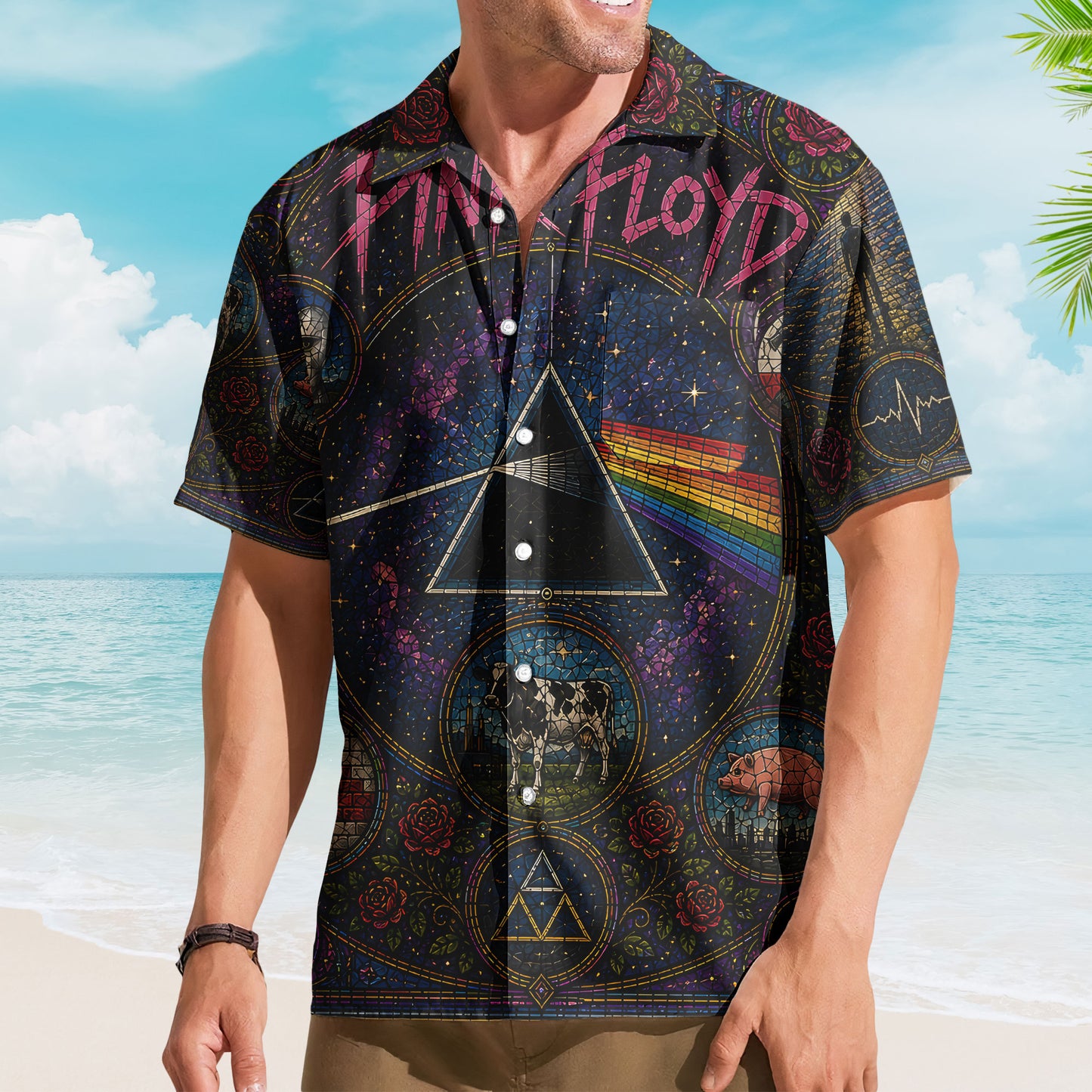 Pink Floyd Gothic Stained Glass Hawaiian Shirt - Unisex Unisex Retro Pink Floyd Concert Tour Merch