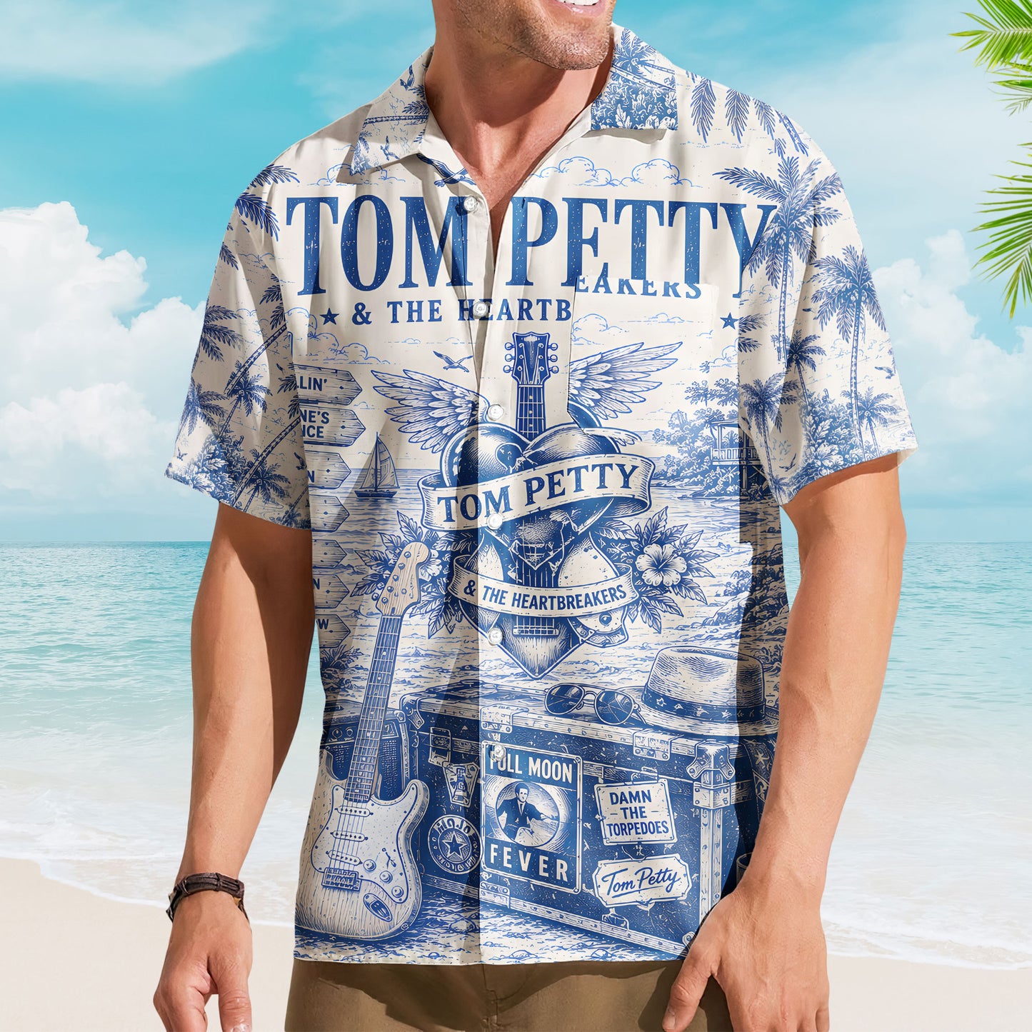 Tom Petty Ocean Scene Hawaiian Shirt - Unisex Heartbreaker Logo Fan Gifts Heartland Button Up
