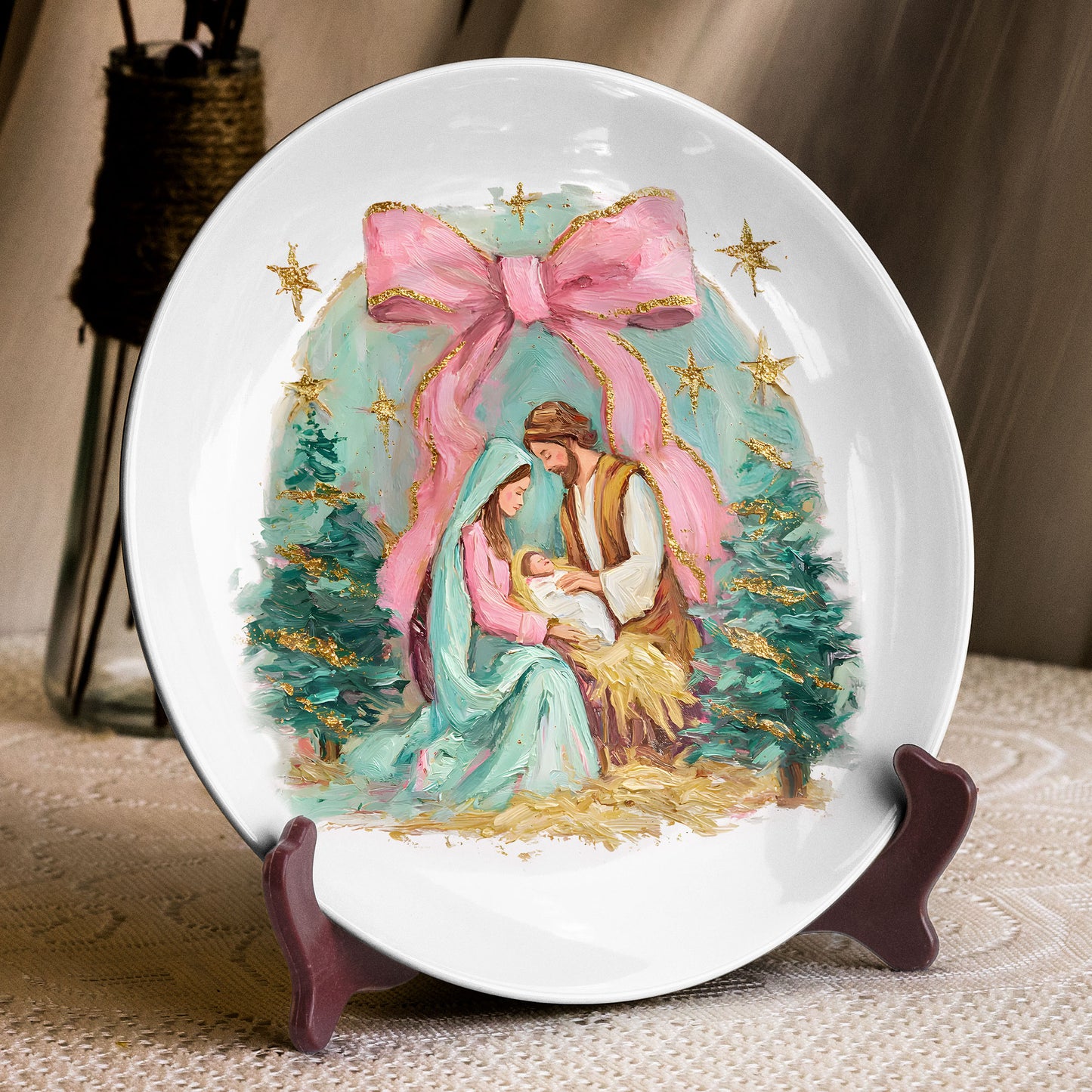 Holy Family Nativity Decorative Plate with Pink Bow and Gold Accents