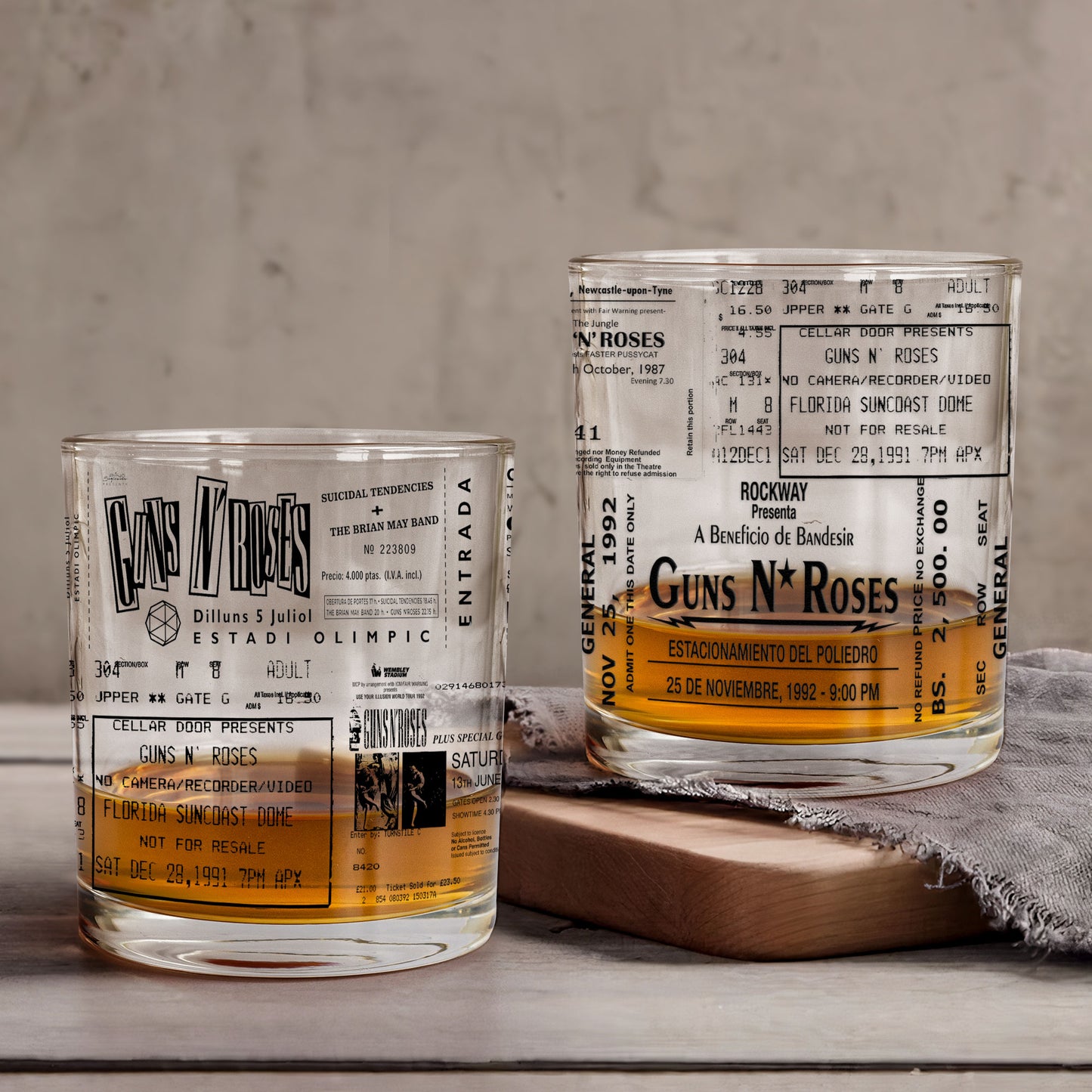Gun N Rose Concert Ticket Printed Whiskey Glass - Multiple Designs Available Father's Day Gift (With Gift Box)