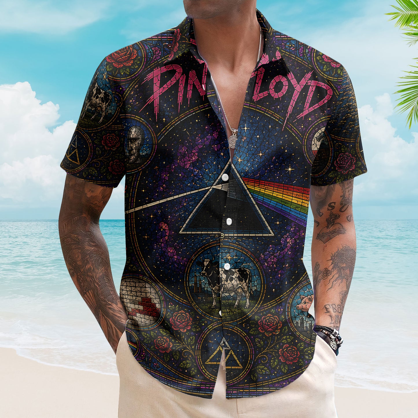 Pink Floyd Gothic Stained Glass Hawaiian Shirt - Unisex Unisex Retro Pink Floyd Concert Tour Merch