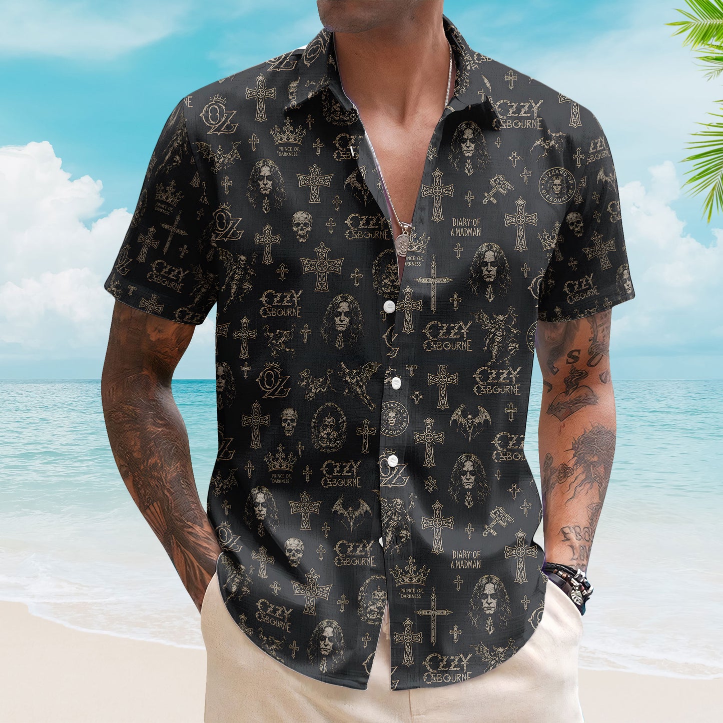 Ozzy Osbourne Hawaiian Shirt - Unisex Retro Prince of Darkness Gothic Cross Button Up