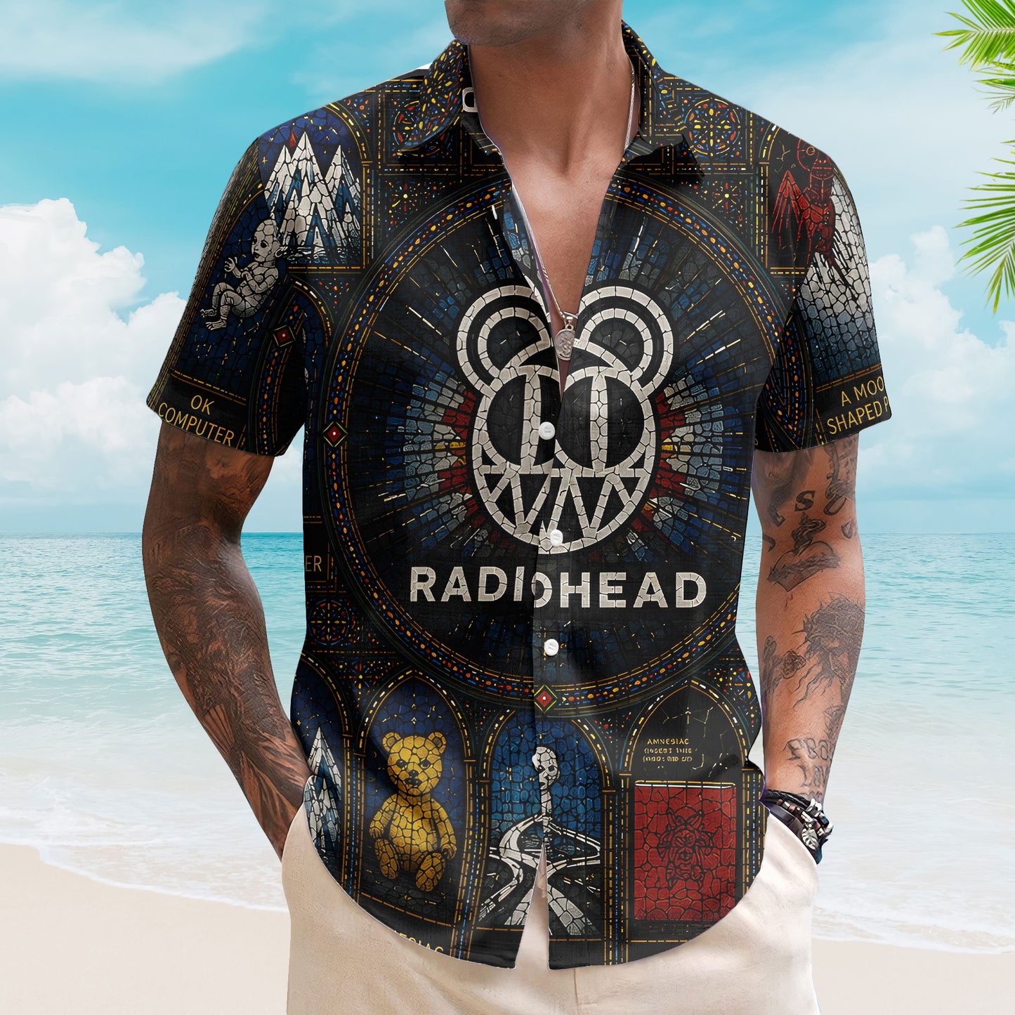 Radiohead Hawaiian Shirt - Unisex Retro Kid A Modified Bear Cathedral Window Button Up