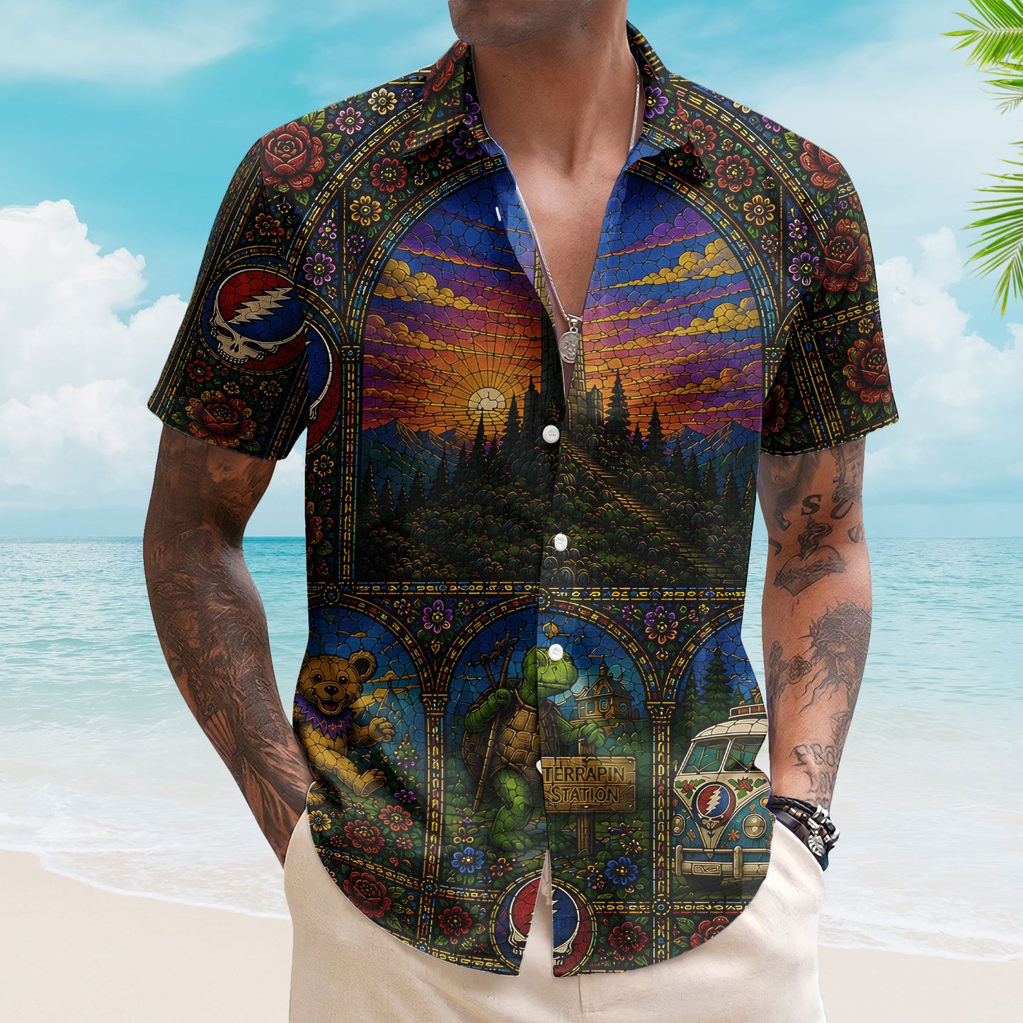 Grateful Dead Hawaiian Shirt - Unisex Retro Terrapin Station Cathedral Window Button Up
