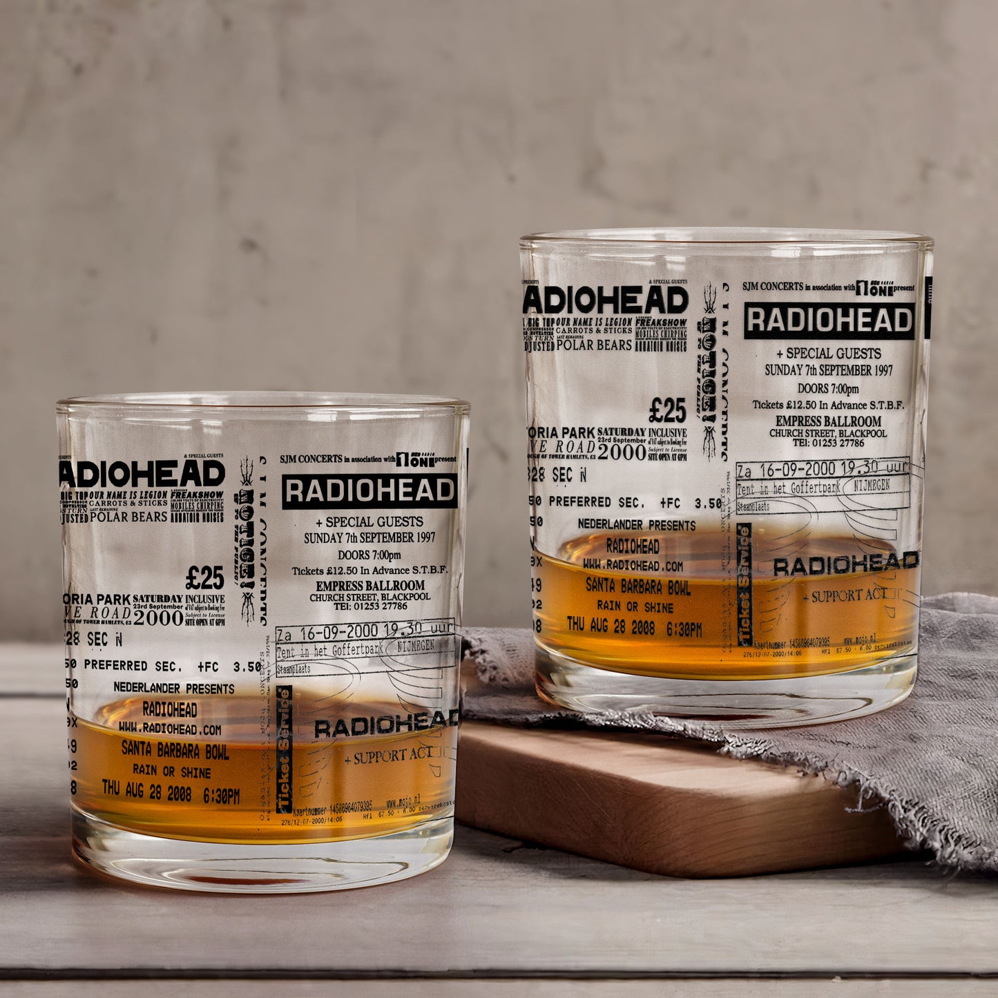 RadioHead Concert Ticket Printed Whiskey Glass - Multiple Designs Available Father's Day Gift (With Gift Box)