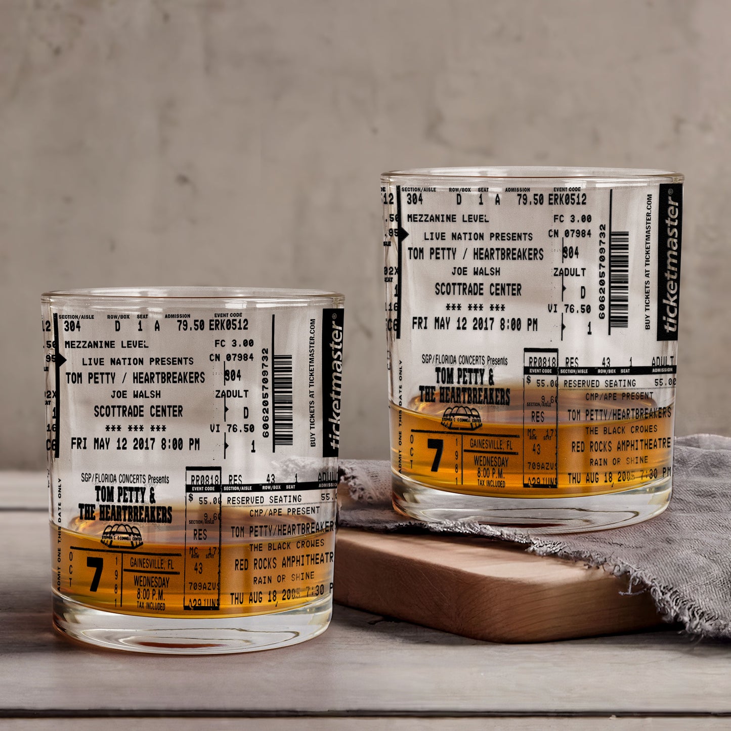 Tom Petty Concert Ticket Printed Whiskey Glass - Multiple Designs Available Father's Day Gift (With Gift Box)