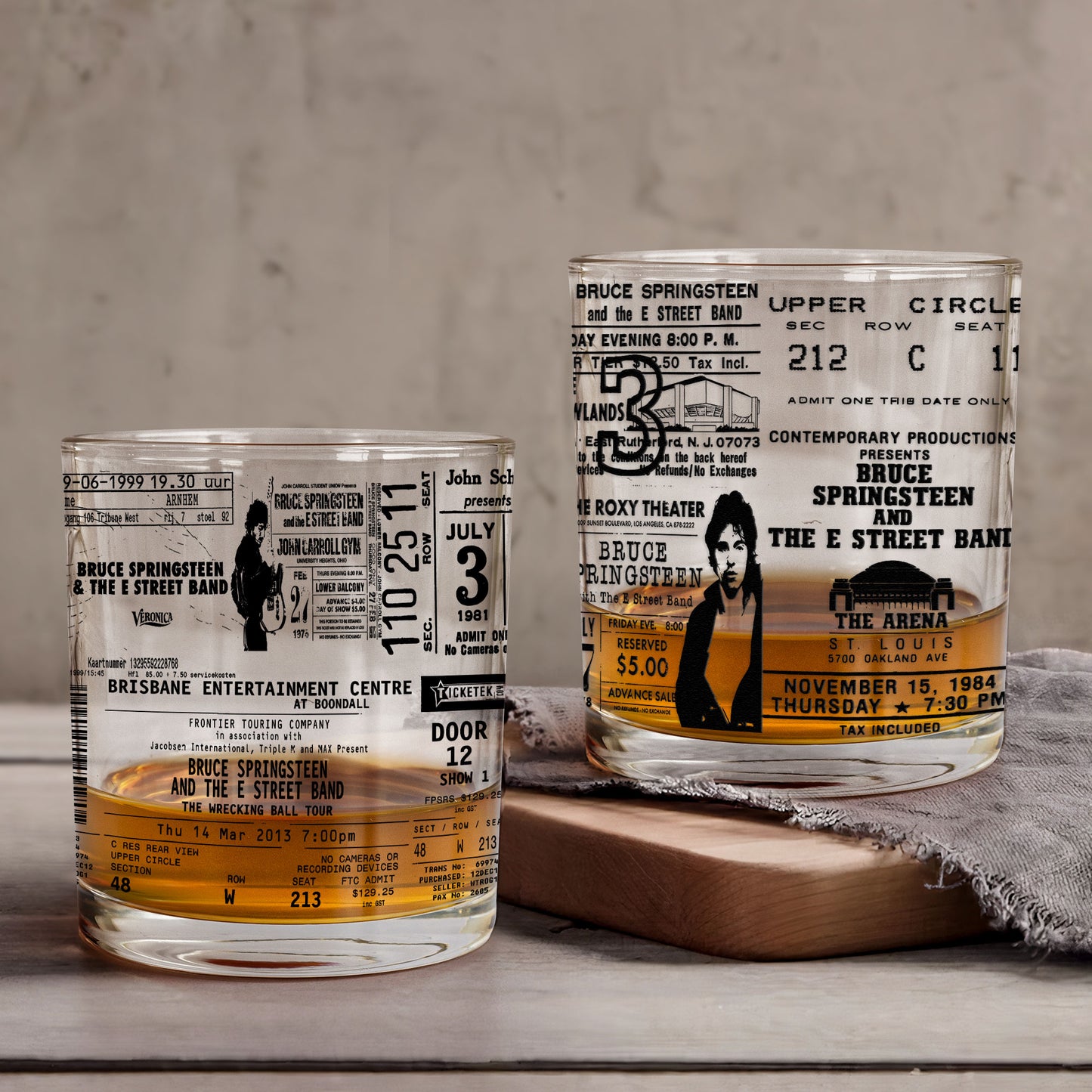 Bruce Springsteen Concert Ticket Printed Whiskey Glass - Multiple Designs Available Father's Day Gift (With Gift Box)