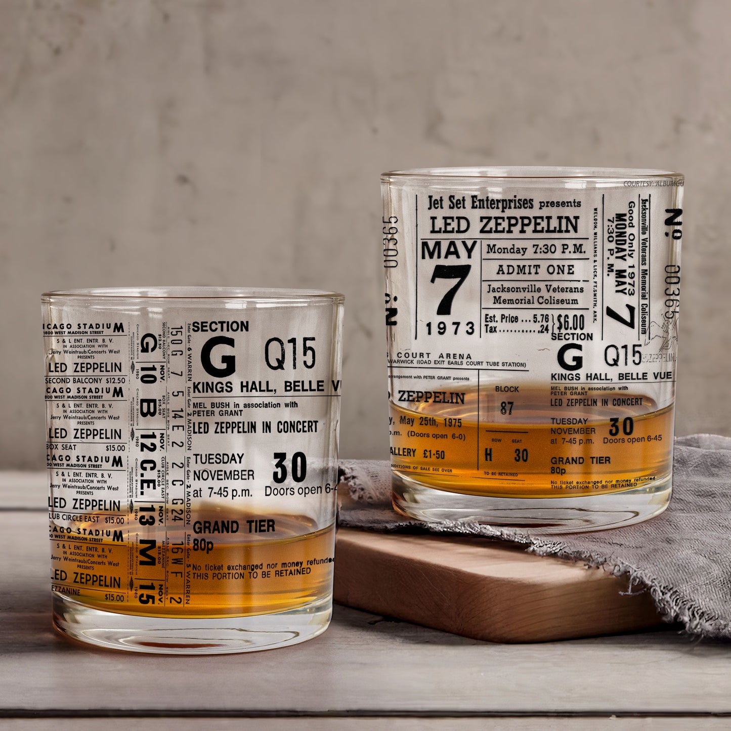 Led Zeppelin Concert Ticket Printed Whiskey Glass - Multiple Designs Available Father's Day Gift (With Gift Box)