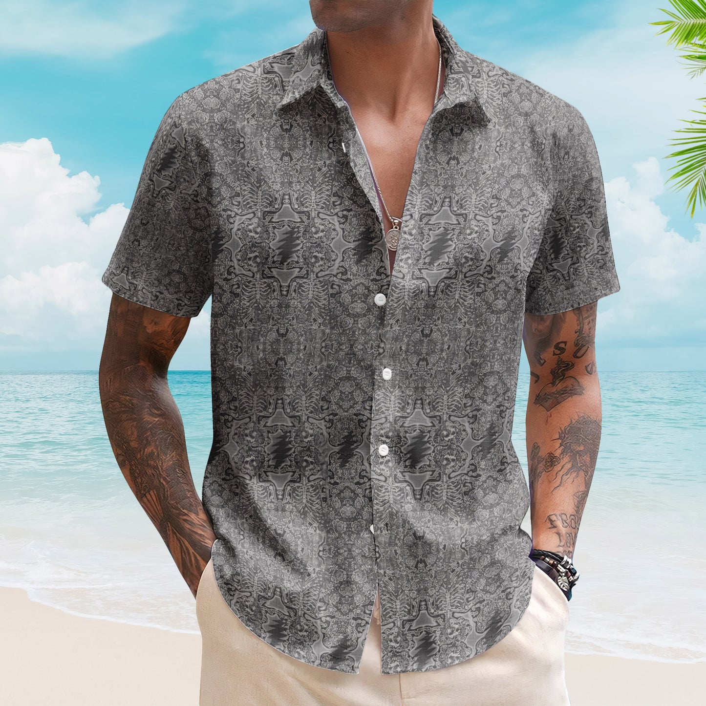 Grateful Dead Inspried Unisex Hawaiian Shirt – Psychedelic Skull and Roses All-Over Print Button-Up
