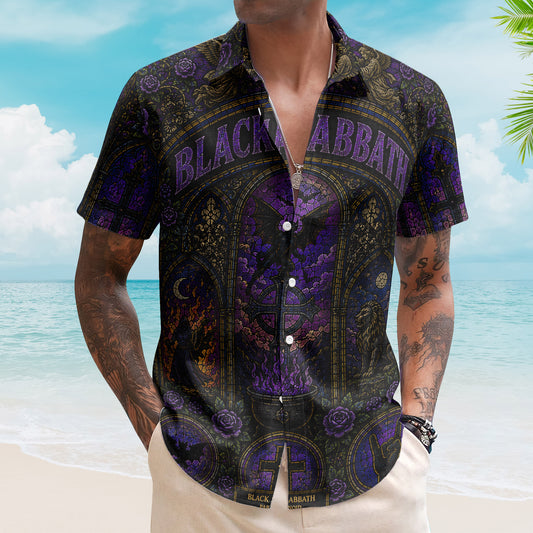 Black Sabbath Hawaiian Shirt - Unisex Retro Doom Rock Purple Cathedral Window Button Up