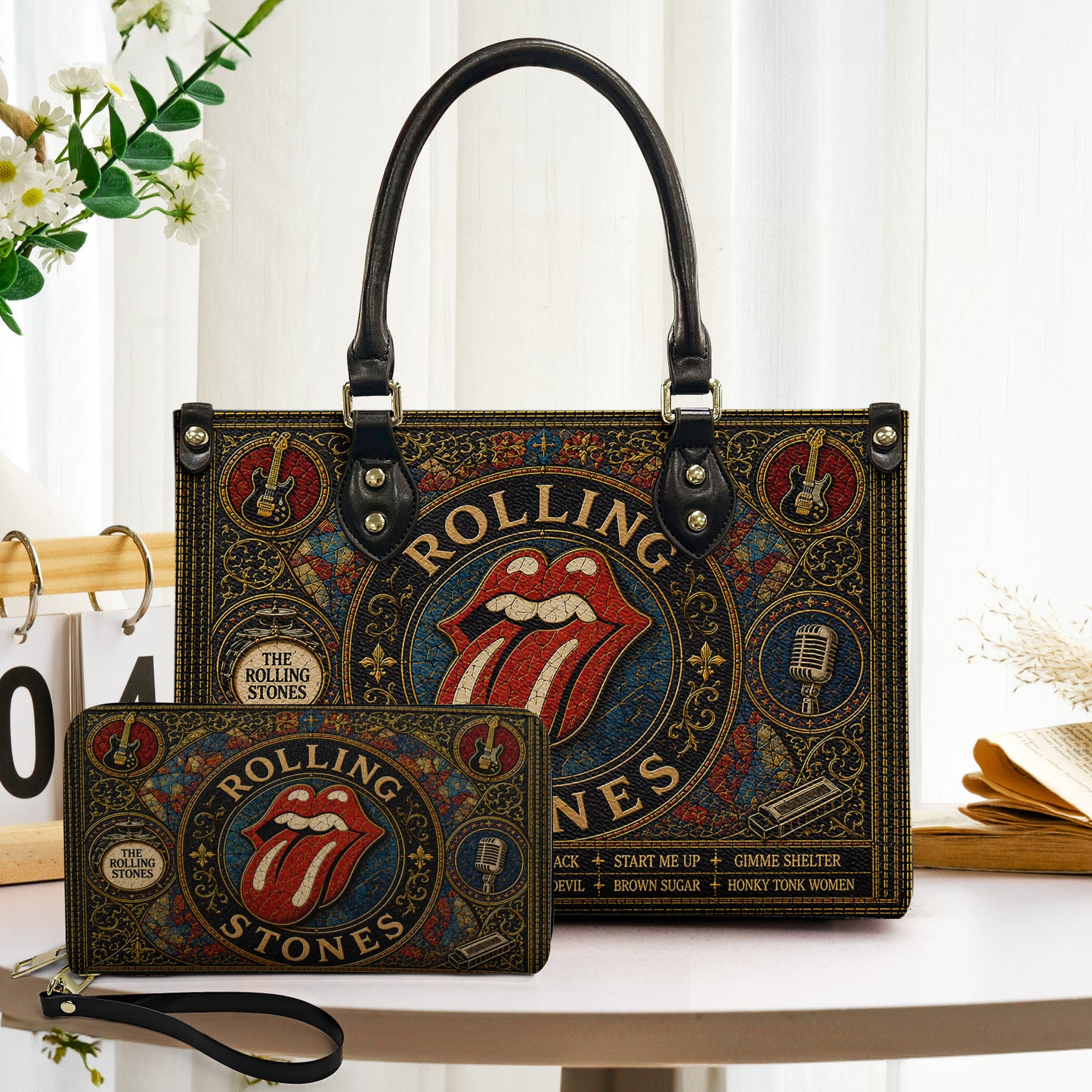 The Rolling Stones Leather Handbag, Tote Bag and Wallet Set, Vintage Stained Glass Tongue Logo Design, Classic Rock Fan Gift