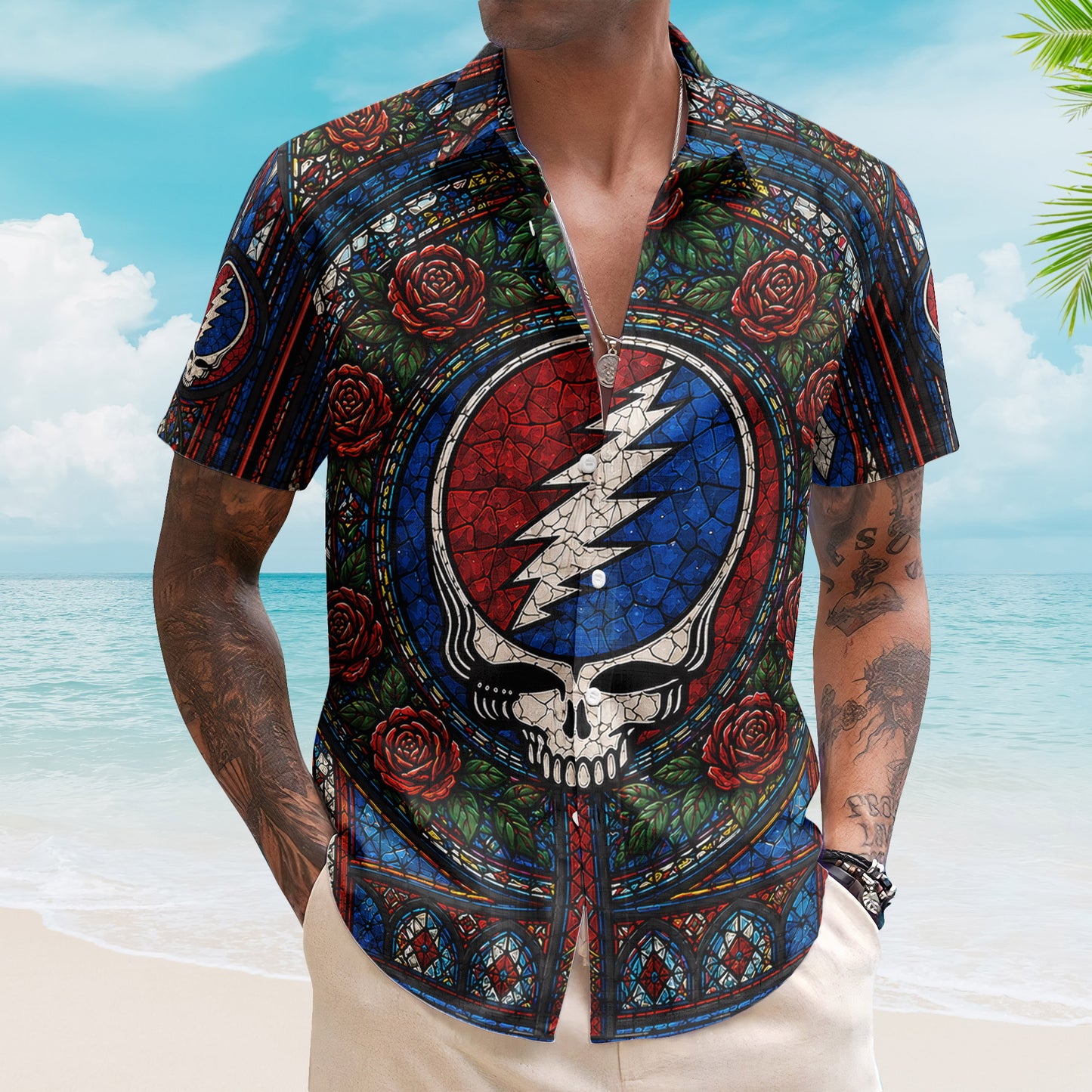 Grateful Dead Steal Your Face Hawaiian Shirt - Unisex Stained Glass Window Stealie Skull Lightning Bolt Button Up