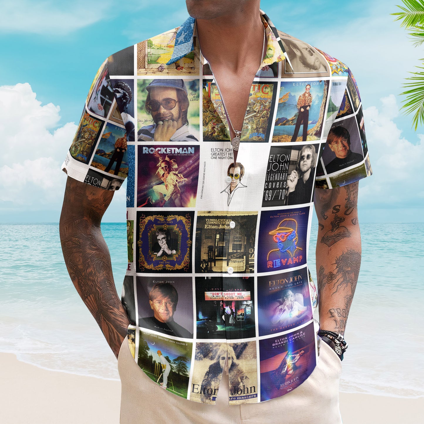 Elton John Album Collage Hawaiian Shirt –  Rock Pop Music Fan Shirt