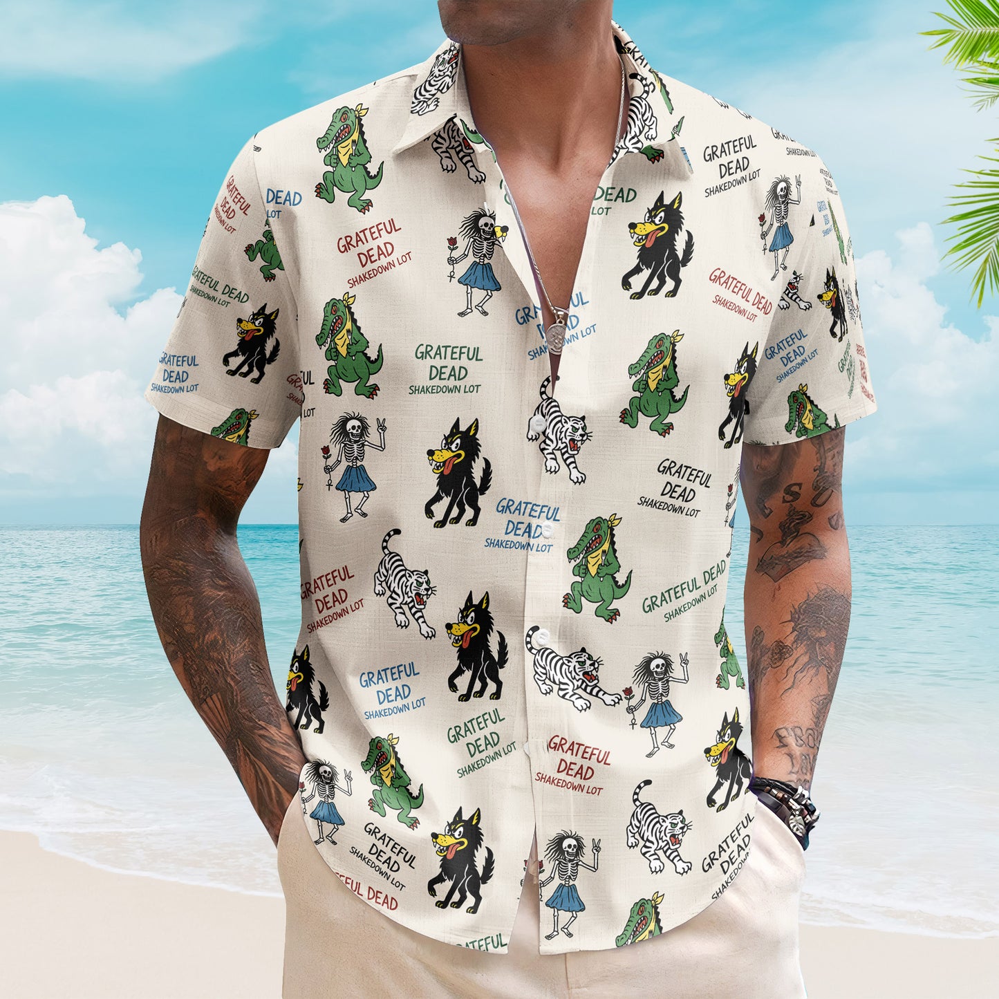 Grateful Dead Hawaiian Shirt - Unisex Cream Dancing Skeleton Summer Button Up
