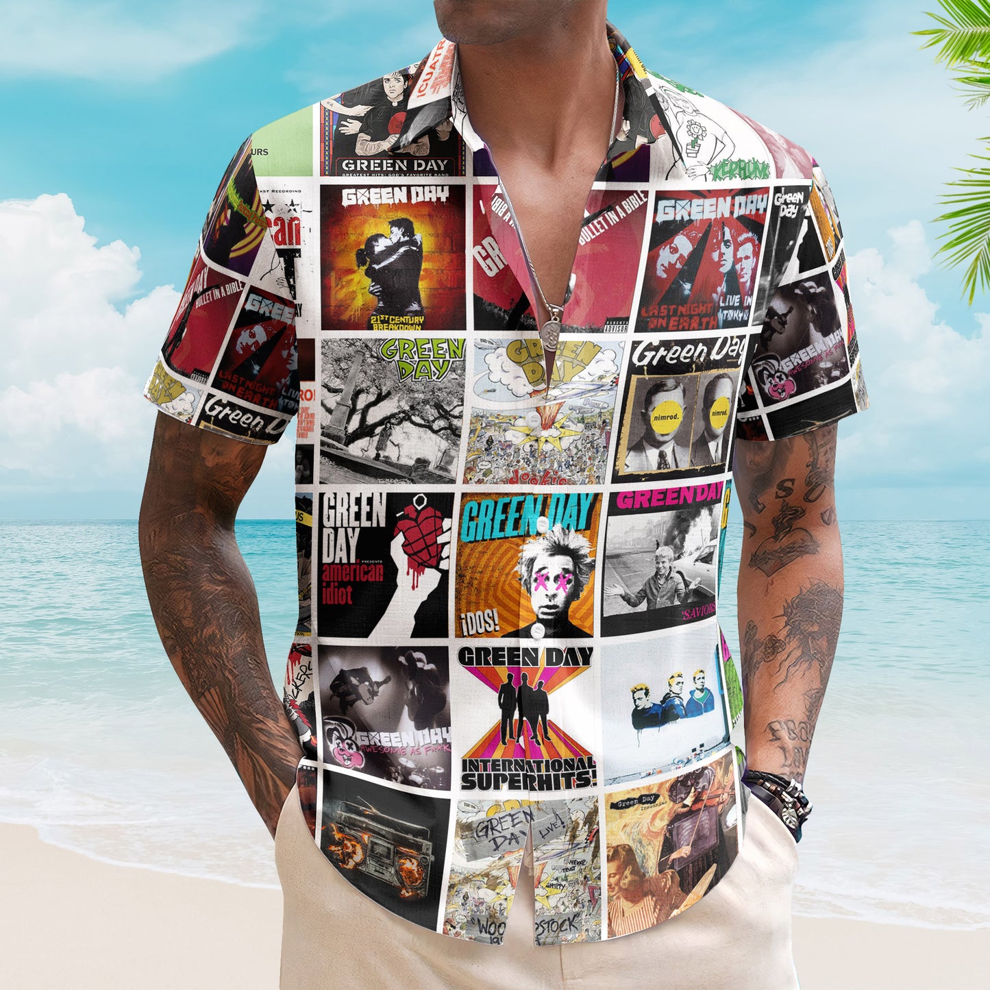 Green Day Album Collage Hawaiian Shirt –  Rock Band Fan Shirt