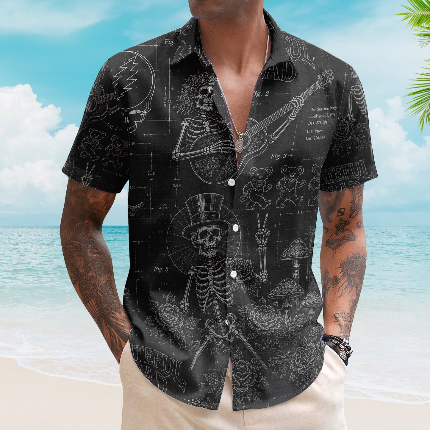 Grateful Dead Black Dancing Bears Patent Sketch Hawaiian Shirt - Unisex Retro Stealie Skull Skeleton Button Up
