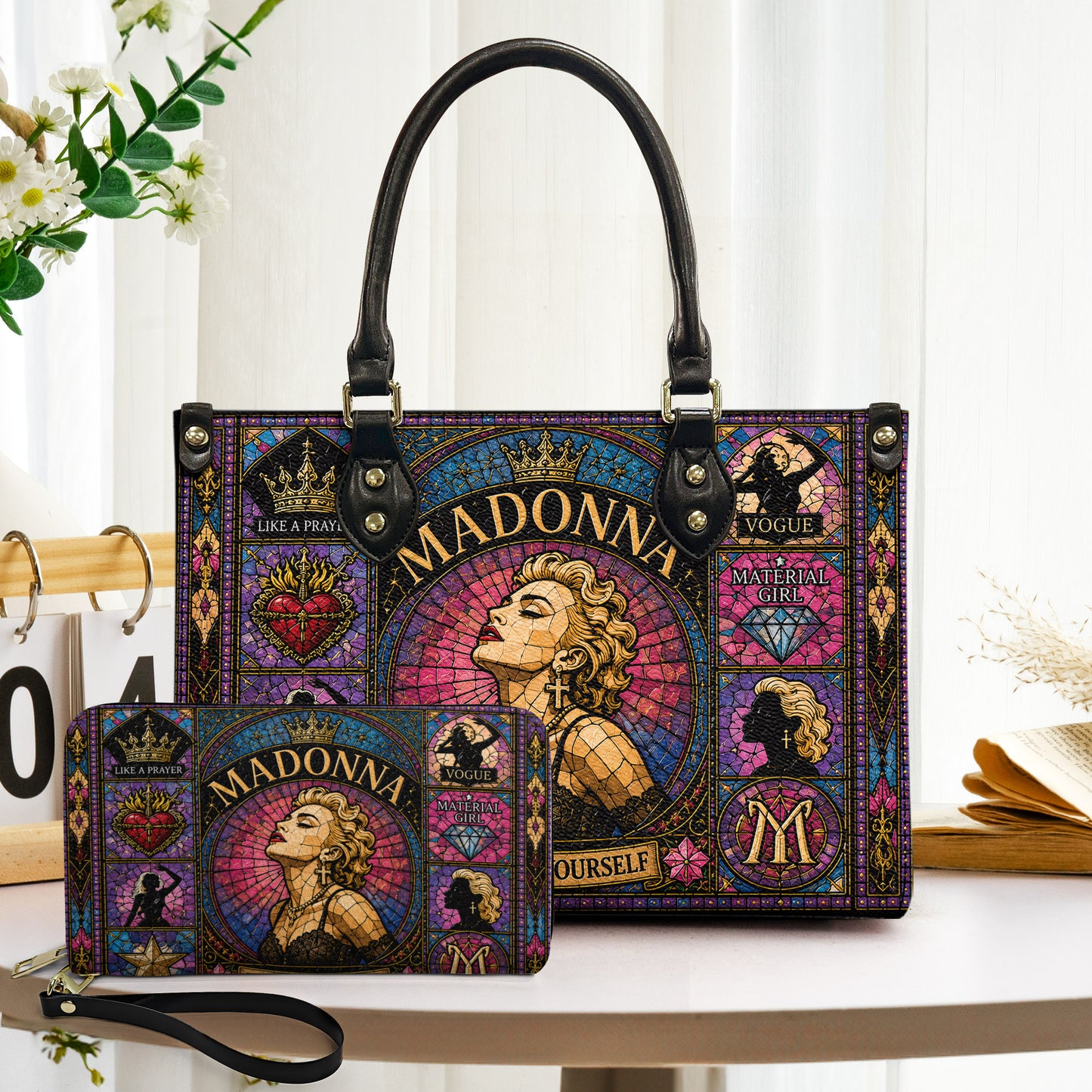 Madonna Leather Handbag, Tote Bag and Wallet Set, Colorful Stained Glass Queen of Pop Design, Vintage Pop Music Fan Gift