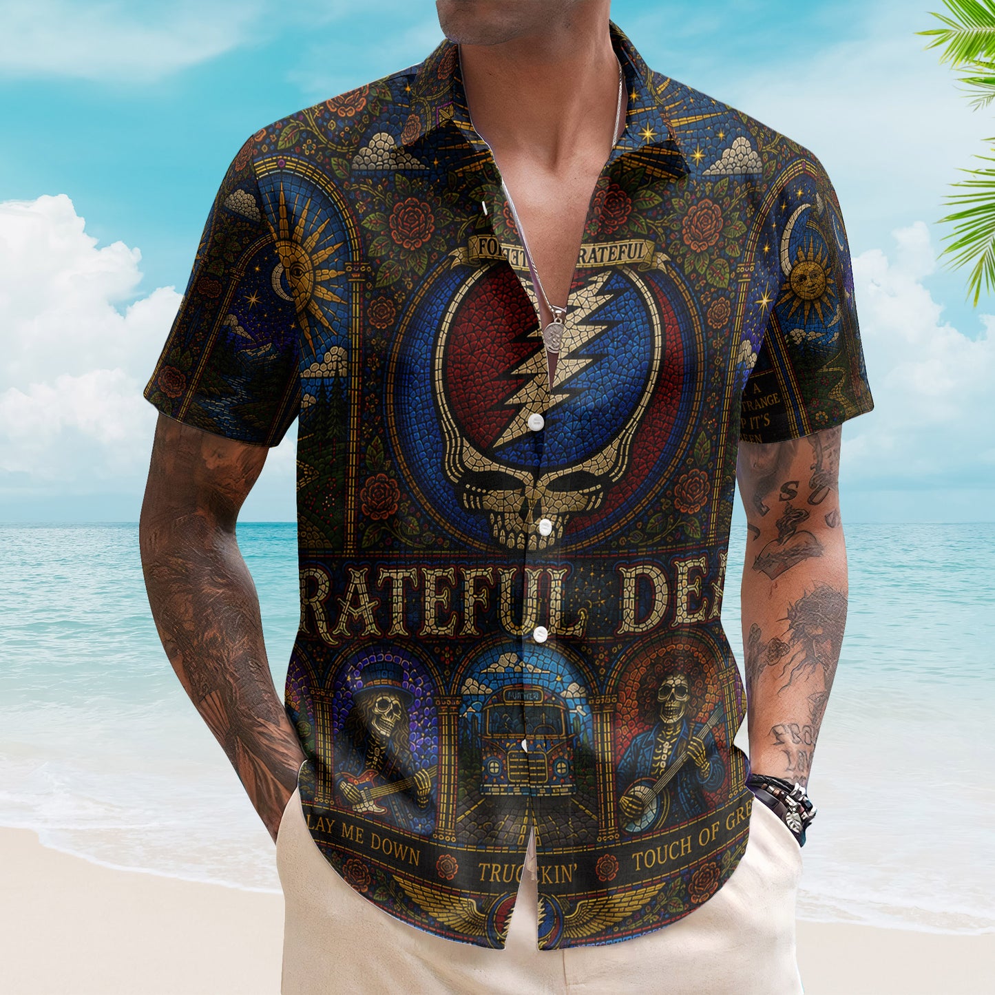 Grateful Dead Hawaiian Shirt - Unisex Retro Steal Your Face Cathedral Window Button Up